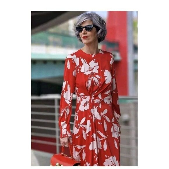 ZARA NWOT ECRU RED SATIN MIDI DRESS FLORAL SPRING PRINT SIZE Xs REF. 2581/117 - Picture 1 of 4
